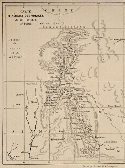 Mappa del Laos e del fiume Mekong che mostra il percorso del viaggio di Henri Mouhot, illustrazione da Travels in the Central Parts of Indo-China (Siam), Cambodia, and Laos During the Years 1858, 1859 da French School