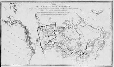 Mappa del Nord America, tracciando le spedizioni di Sir Alexander Mackenzie nel 1789 e 1798 verso l
