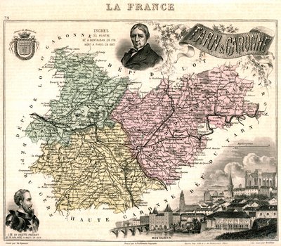 Mappa di Tarn-et-Garonne con una vista di Montauban e ritratti di Ingres e Jean Parisot de La Valette da French School