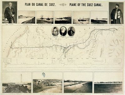 Mappa del Canale di Suez accompagnata da diverse vedute e ritratti di Ferdinand de Lesseps (1805-94) e Ismail Pascià (1830-95) 1869 da French School