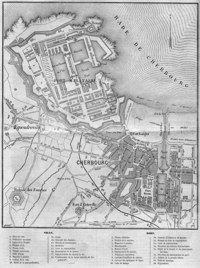Mappa della città e del porto di Cherbourg, Manche (50) da French School