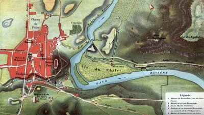 Mappa del paese di Lourdes nel 1858, anno delle visioni di Bernadette Soubirous: mostra la posizione della sua casa e della grotta. Alti Pirenei (65). Cromolitografia in 