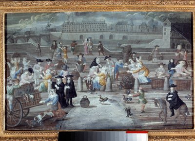 Mercato del pollame e del pane, quai des Grands Augustins a Parigi nel 1660 da French School