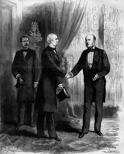 Il maresciallo Patrice de Mac Mahon (1808-1893) congratula il suo successore alla presidenza della Repubblica Francese, Jules Grevy (1807-1892). Incisione in 
