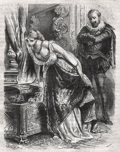 Margherita di Valois (1553-1615), conosciuta come Regina Margot, nasconde Julien de Leris, il suo amante, in una cassaforte. Suo marito, il re Enrico IV di Francia (1553-1610), osserva la scena divertito. XVI secolo. Incisione del 1871 in "Histoire Des Coc da French School