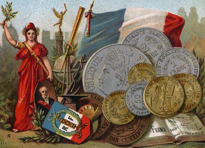 Marianne accanto alla bandiera tricolore francese, un globo e un telescopio e una vetrina di franchi, c.1890 da French School