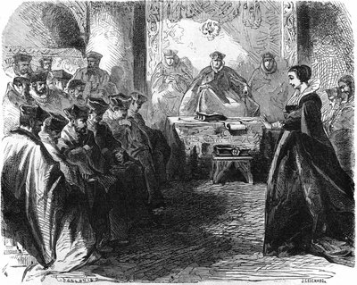 Maria Stuarda (1542-1587) durante il suo giudizio nel 1587. In "Histoire de la France", incisione del XIX secolo. da French School
