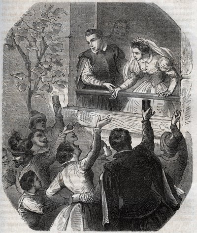Matrimonio di Martin Guerre (circa 1524) e Bertrande de Rols ad Artigat (Ariège) il 15 maggio 1539. Incisione del 1871 in "Histoire Des Cocus Célèbres" di Henry de Kock (1819-1892). da French School