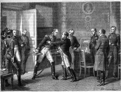 Il maresciallo Michel Ney cambia schieramento, si unisce alle sue truppe con Napoleone il 14 marzo 1815 - I Cento Giorni - Intervista con il maresciallo Michel Ney e Napoleone ad Auxerre nel 1815 - Il maresciallo Ney proclamandosi a favore di Napoleone I r da French School