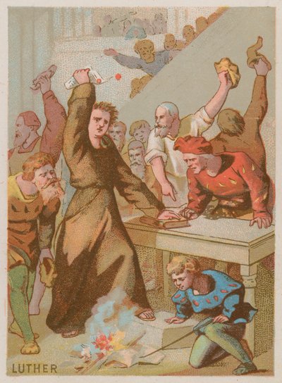 Martin Lutero brucia la bolla papale che vieta le sue opere da French School