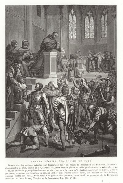 Martin Lutero che strappa le bolle papali, Wittenberg, Germania, 1520 da French School