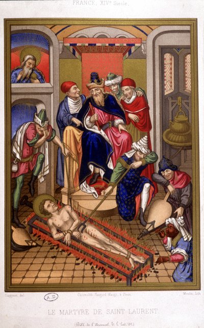 Martirio di San Lorenzo (griglia) dopo una miniatura del Medioevo, Francia XIV secolo da French School