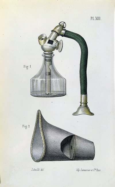 Maschera per somministrare etere per anestetizzare un paziente, da un manuale medico di Jean-Baptiste-Leon Dubreuil da French School