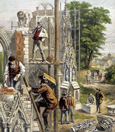 Muratori sul cantiere di una cattedrale - in “Magasin des Enfants” da French School