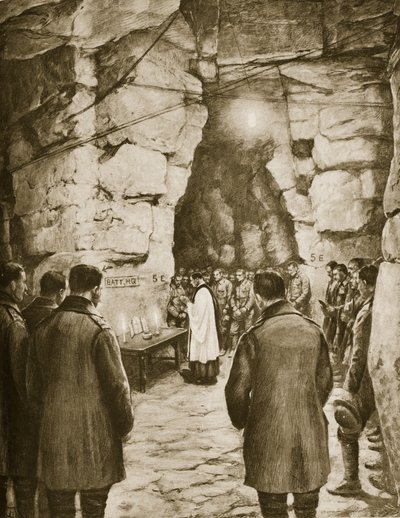 Messa prima della battaglia nelle grotte francesi, 1914-19 da French School
