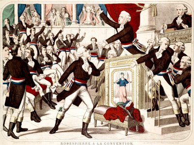 Maximilien Robespierre alla Convenzione (Seduta del 19 Termidoro 1794), Jean Lambert Tallian minaccia Robespierre con un coltello - Incisione popolare del periodo da French School