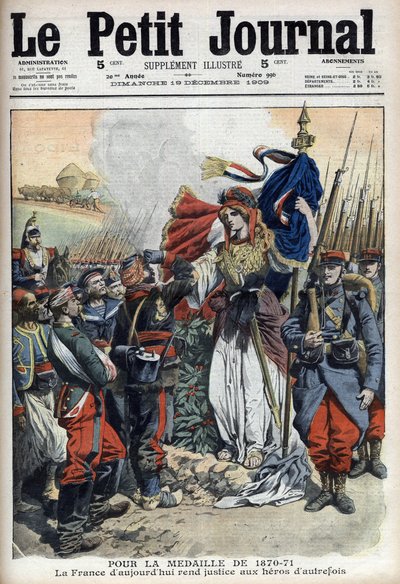 Medaglia per i veterani della guerra del 1870-1871: allegoria della Francia che rende giustizia agli eroi del passato - "Le Petit Journal" del 19 dicembre 1909 (incisione) da French School