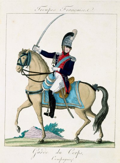 Membro della Grd du Corps, da Troupes Francaises, pub. chez Basset, Parigi, c.1790 da French School