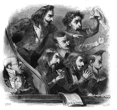Membri del movimento letterario romantico che assistono alla prima rappresentazione del dramma di Victor Hugo "Hernani" (1802-1885) alla Comédie-Française di Parigi, 25 febbraio da French School