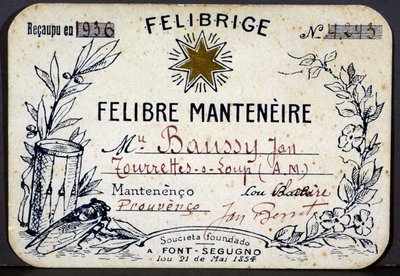 Tessera di appartenenza di Jan Baussy al Felibrige, Associazione Felibre da French School