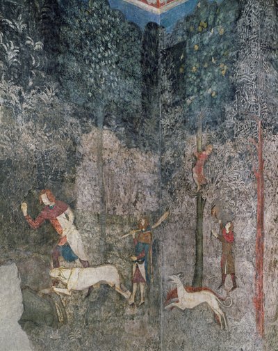 Uomini che cacciano con i cani, dettaglio da La Chambre du Cerf (Stanza del Cervo) 1343 da French School