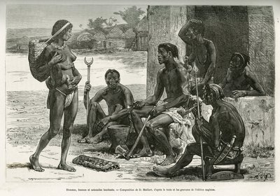 Uomini, donne e utensili (regione Bihe, Ruanda). Incisione di D. Maillart, per illustrare la storia di come ho attraversato l