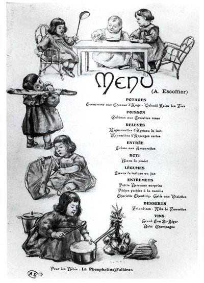 Menu creato da Auguste Escoffier (1846-1935) per Bambini e Neonati, c. 1900 da French School