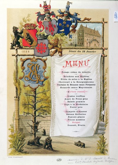 Menu, possibilmente da Le Bernois, 14 gennaio 1888 da French School