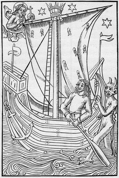 Nave mercantile del Medioevo tra i pericoli del mare. Incisione in “La Marine et les colonies: commerce” da French School