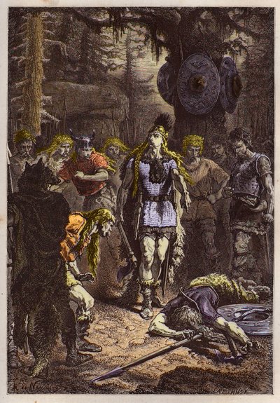 Merovingi: Clodoveo I che abbatte il soldato che aveva rotto il vaso di Soissons, nel 486 - Clodoveo (465-511) e il guerriero franco che ruppe il Vaso di Soissons nel 486 - incisione da 