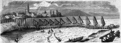 Fenomeno meteorologico: disseccamento del Reno nel 1858. Vista del ponte di Kehl (Germania), presa dalla costa francese. Incisione in 