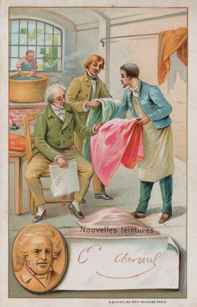 Michel Eugene Chevreul, chimico francese (1786-1889), che ispeziona alcuni nuovi coloranti da French School