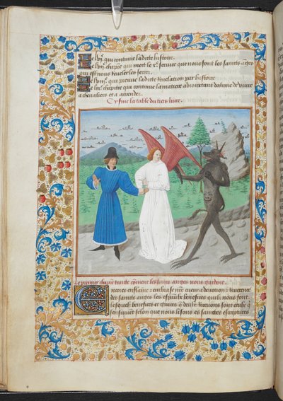 Miniatura di un uomo con un angelo custode e un diavolo Sloane MS 3049 f. 27, c. 1480 da French School
