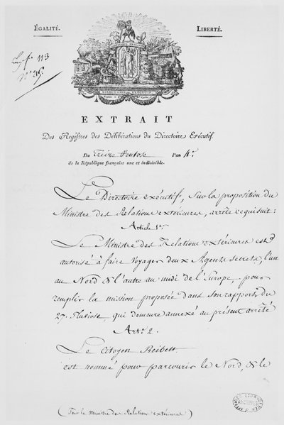 Ministero degli Affari Esteri, nomina di due agenti segreti, 1796 da French School