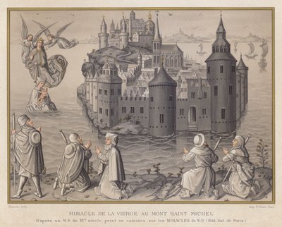 Miracolo della Vergine al Monte Saint Michel, da un manoscritto del XV secolo, dipinto in camaieu sui Miracoli di ND, Bibl Nat di Parigi da French School