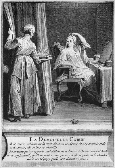 Guarigione miracolosa della paralisi e del cancro di Demoiselle Coirin, sulla tomba del diacono Francois de Paris al cimitero parrocchiale di Saint-Medard a Parigi, illustrazione da La verite des miracles de M da French School