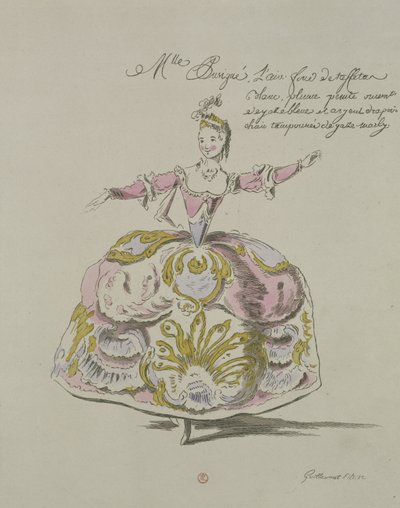 Miss Puvigne come Aria, in Zoroastre, un libretto di Cahusac, composto da Jean-Philippe Rameau, facsimile di A. Guillaumot Fils, 1749 (incisione a colori) da French School