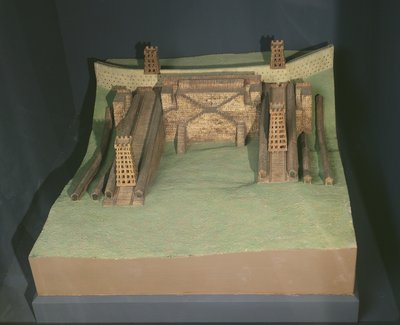 Modello delle costruzioni di Giulio Cesare (101-44 a.C.) davanti ad Avaricum (Bourges) nel 52 a.C. da French School