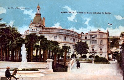 Monte-Carlo, Hotel de Paris e statua di Berlioz - cartolina colorata inizio XX secolo da French School