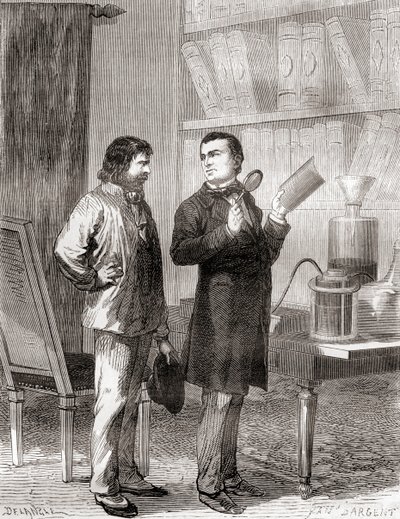 Moritz von Jacobi, a destra, scopre la galvanoplastica o elettrotipia nel 1838, da Les Merveilles de la Science, pubblicato c.1870 (incisione) da French School