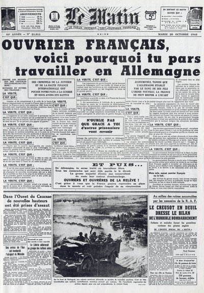 Morning Journal No. 21311 del 20 ottobre 1942: Il servizio di lavoro obbligatorio - Perché andare a lavorare in Germania da French School