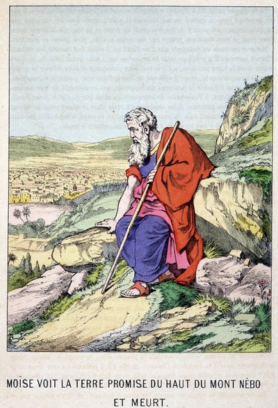 Mosè vede la terra promessa dalla cima del Monte Nebo e muore - in "Vita di Mosè", ed. Olivier Pinot, Epinal, fine XIX secolo da French School
