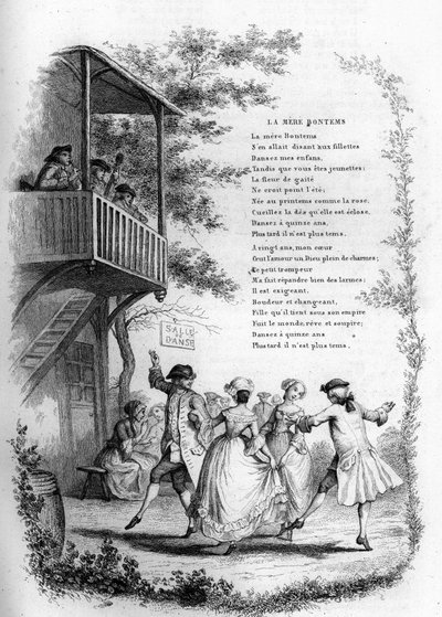 Madre Bontems (Bontemps). Danza di giovani coppie in un villaggio con musicisti sul balcone. Incisione in "Chants et chansons populaire de la France", Tome 2 da French School