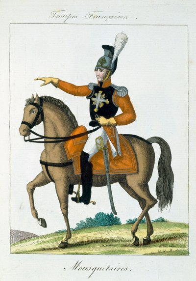 Moschettiere a cavallo, da Troupes Francaises, pub. chez Basset, Parigi, c.1790 da French School