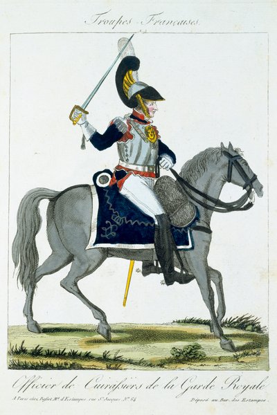 Ufficiale a cavallo dei Corazzieri della Guardia Reale, da Troupes Francaises, pub. chez Basset, Parigi, c.1790 da French School