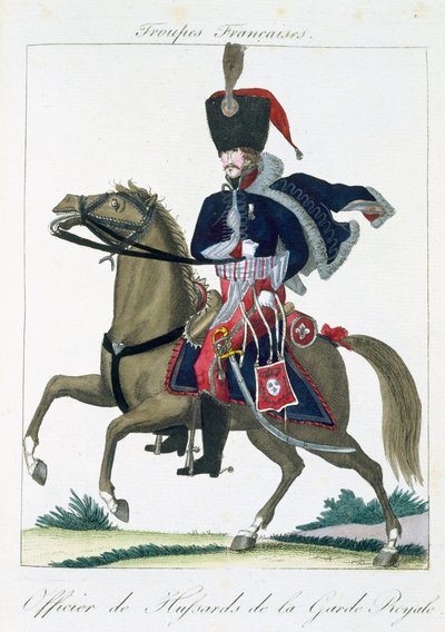 Ufficiale a cavallo degli Ussari della Guardia Reale, da Troupes Francaises, pub. chez Basset, Parigi, c.1790 da French School