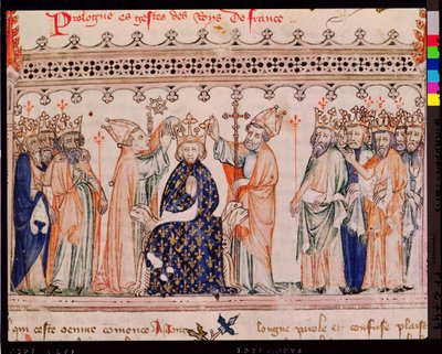 Ms.1469 f.1 La Consacrazione di Filippo III il Temerario, Re di Francia, dalle Grandes Chroniques de France, 1375-79 da French School