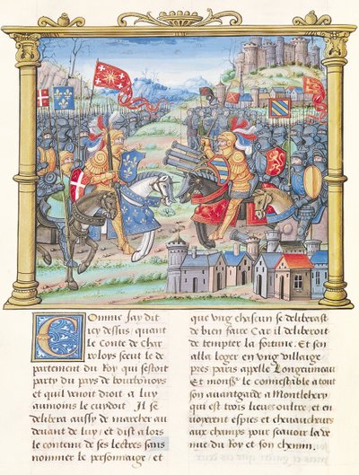 Ms.18 f.7v Battaglia di Montlhery durante la Guerra della Lega del Bene Pubblico, 14 luglio 1465, dalle Memorie di Philippe di Commines (1445-1509) da French School