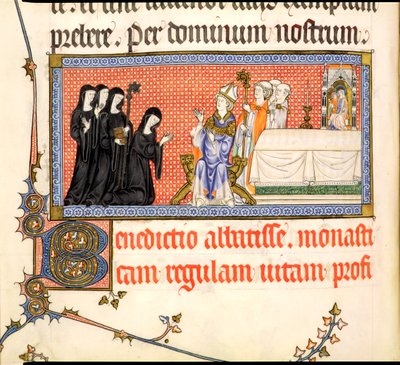 La Presentazione di una Badessa, dal Pontificale di Metz, scritto per Raymond Bar, Vescovo di Metz, 1302-16 da French School