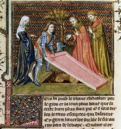Lancillotto solleva la pietra dalla sua tomba predestinata e scopre il suo nome e la sua discendenza, dal Livre de Messire Lancelot du Lac da French School